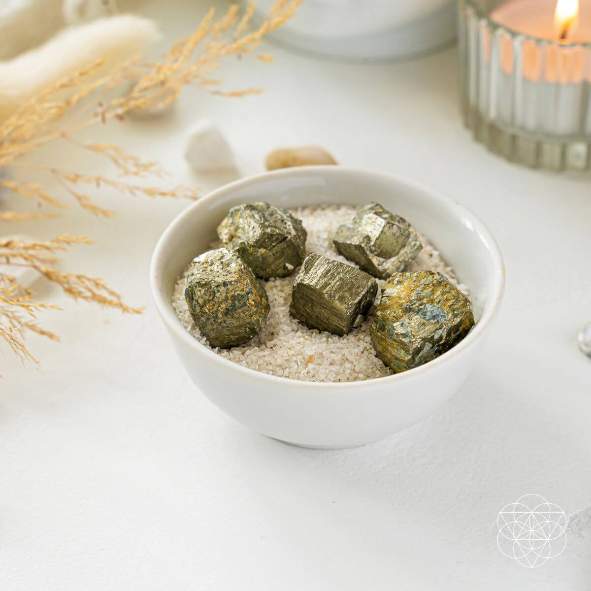 Set of golden pyrite success stones with metallic cubic crystal faces — view 5 of 6