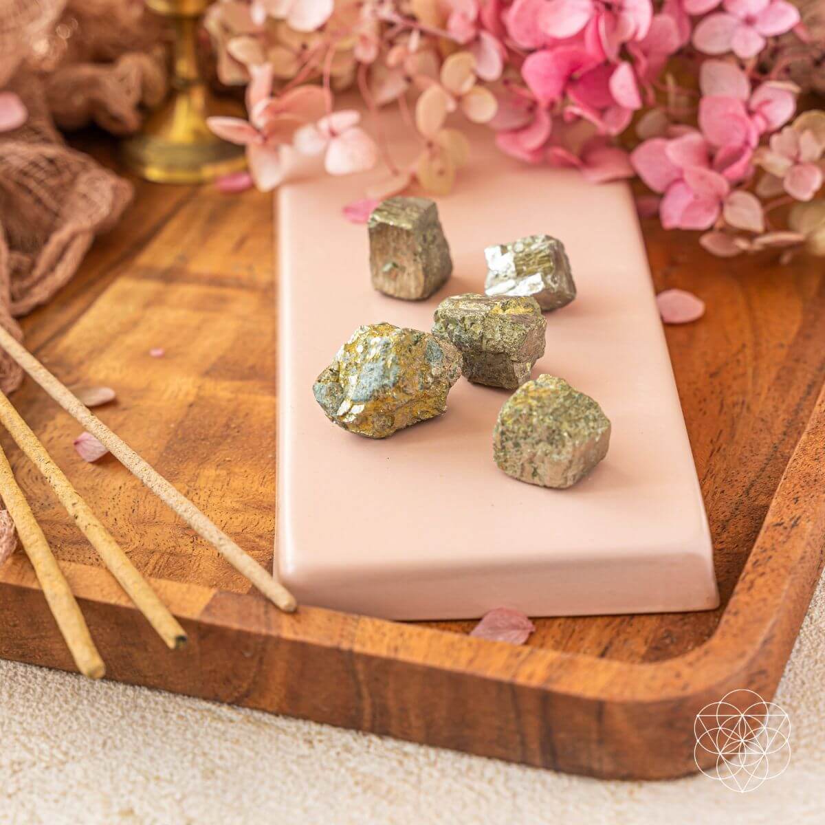 Set of golden pyrite success stones with metallic cubic crystal faces — view 1 of 6