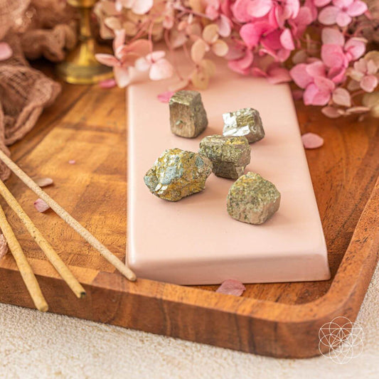 Set of golden pyrite success stones with metallic cubic crystal faces — view 1 of 6