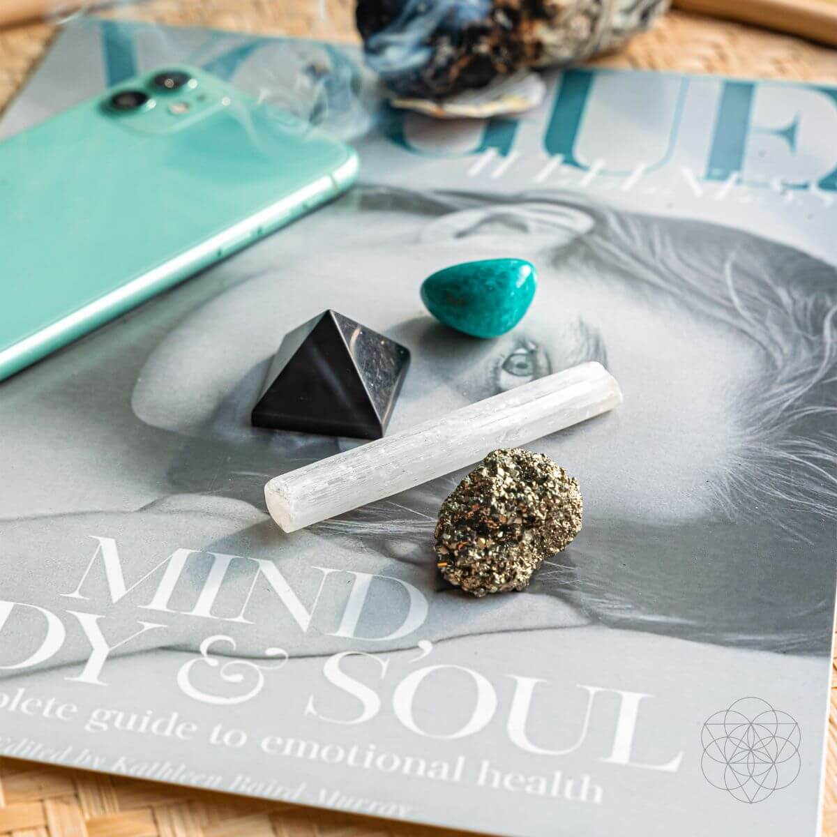 Workspace protection crystal kit with a selenite wand, hand-cut shungite pyramid, raw pyrite and tumbled amazonite — view 6 of 6