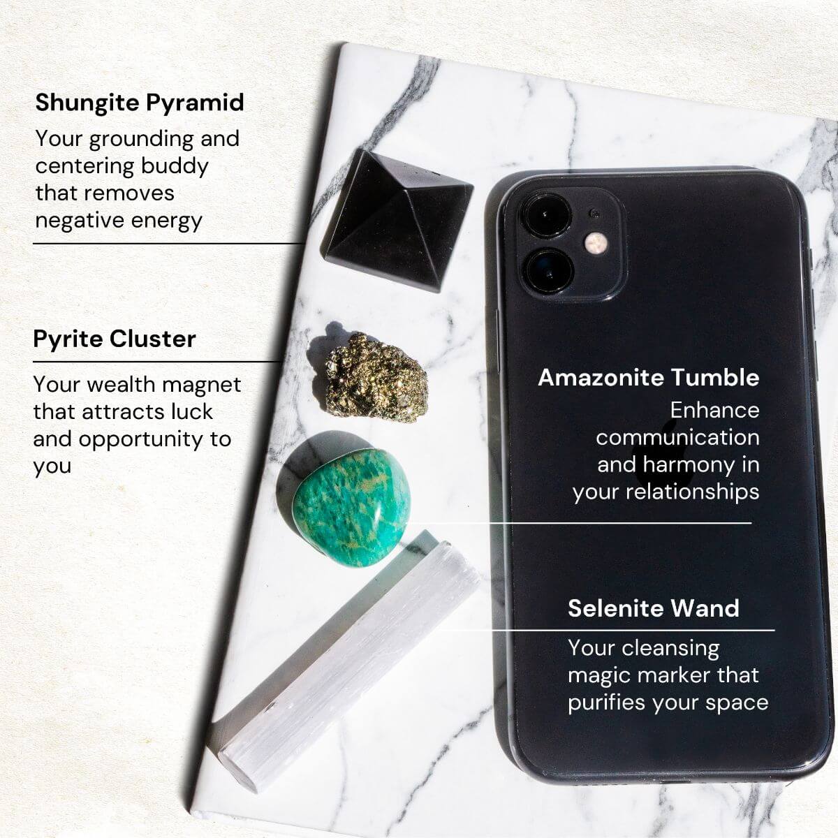 Workspace protection crystal kit with a selenite wand, hand-cut shungite pyramid, raw pyrite and tumbled amazonite — view 2 of 6