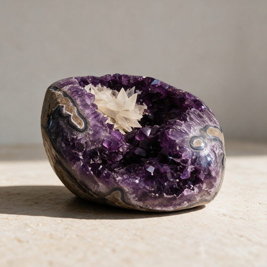 Polished-edge amethyst geode on pale stone, a cream spray of scalenohedral dogtooth calcite growing out of the deep purple crystal bed.