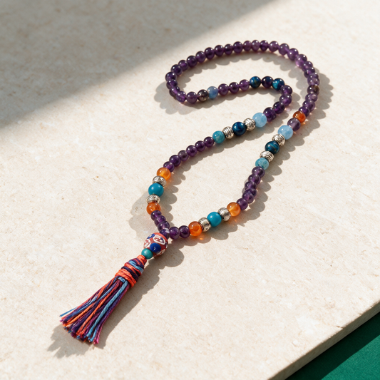 Amethyst Mala Necklace — Carnelian, Apatite & Tiger's Eye Beads – material and detail view
