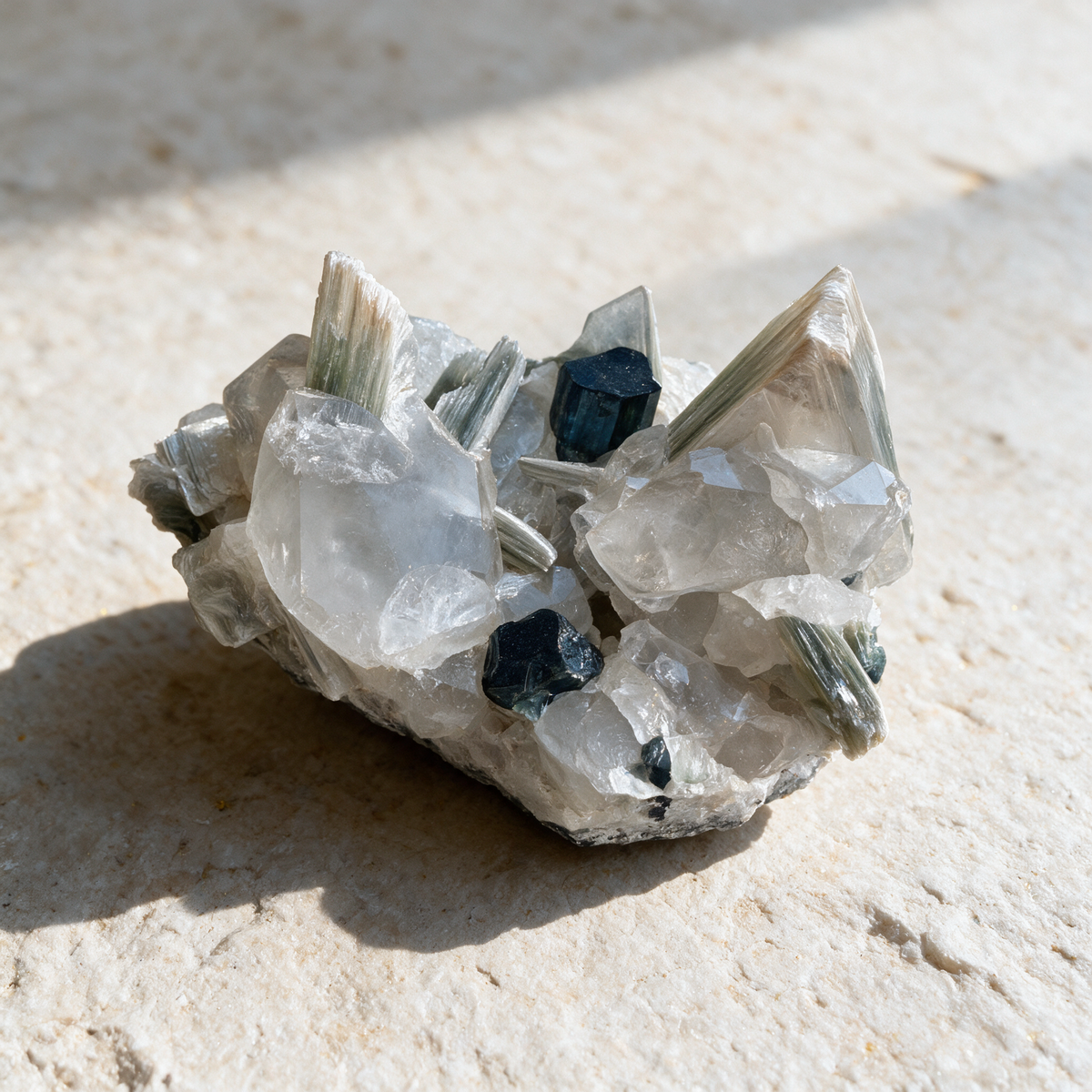 Indicolite tourmaline specimen on a pale limestone slab in daylight: dark blue-black prismatic crystals set among clear quartz points and cream muscovite blades.