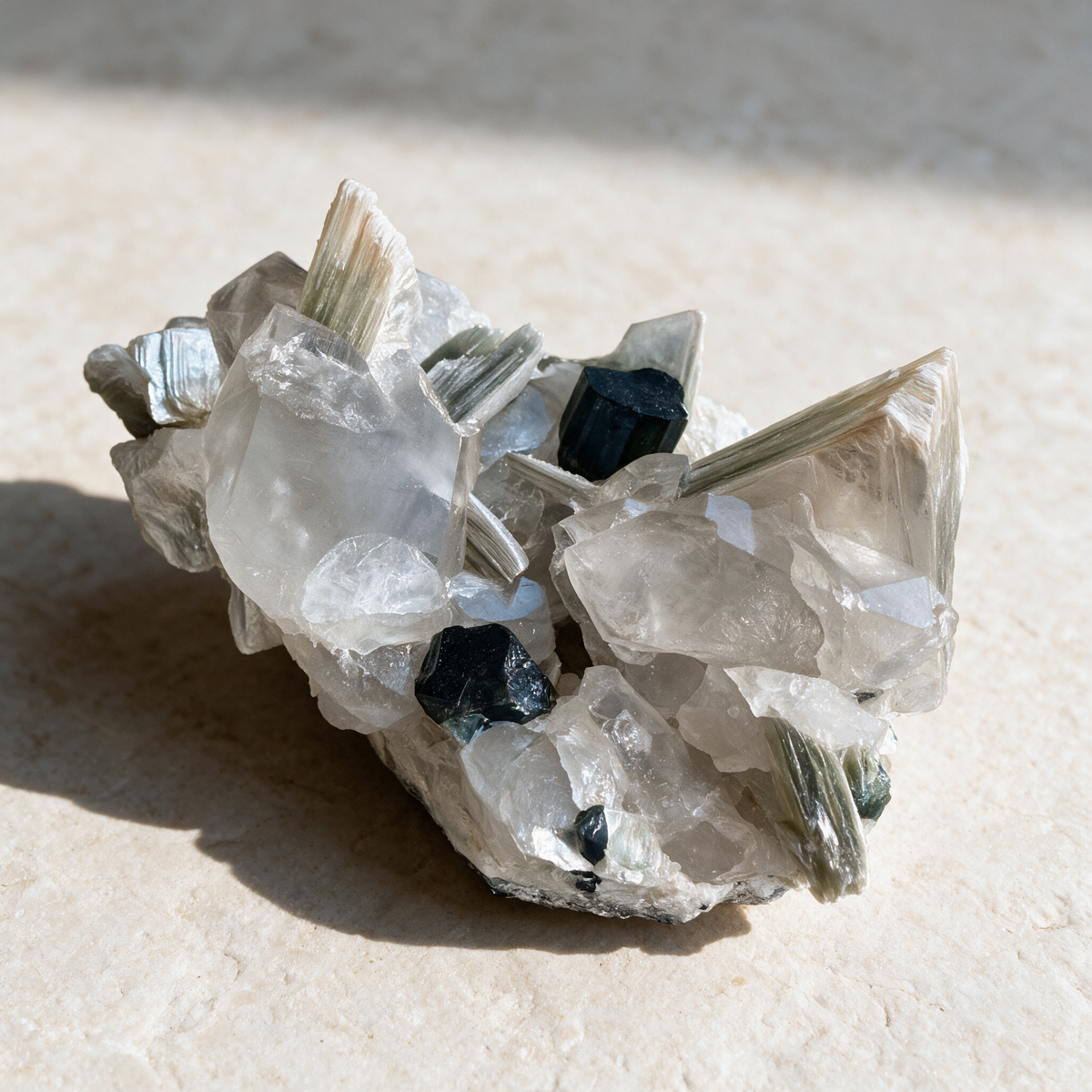 The same specimen turned to the other side, the muscovite fanning out like blades and two tourmaline crystals standing clear of the quartz.