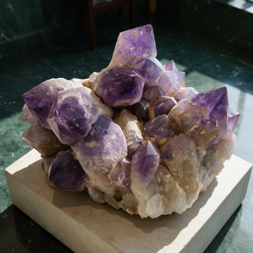The Bolivian amethyst cluster on a white pedestal block against dark green, deep violet crystal points rising from a pale quartz matrix.