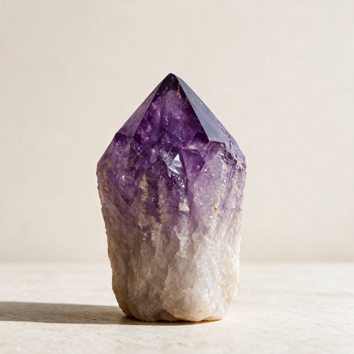 Large Bolivian amethyst point standing upright on pale stone, deep purple tip fading into a milky white base