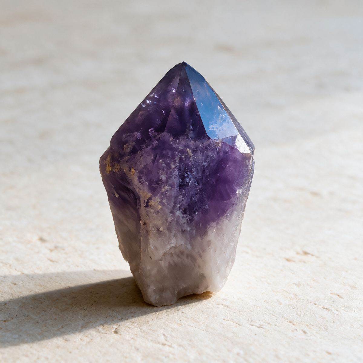 Bolivian amethyst point standing on pale stone, its polished facets meeting at the deep purple tip