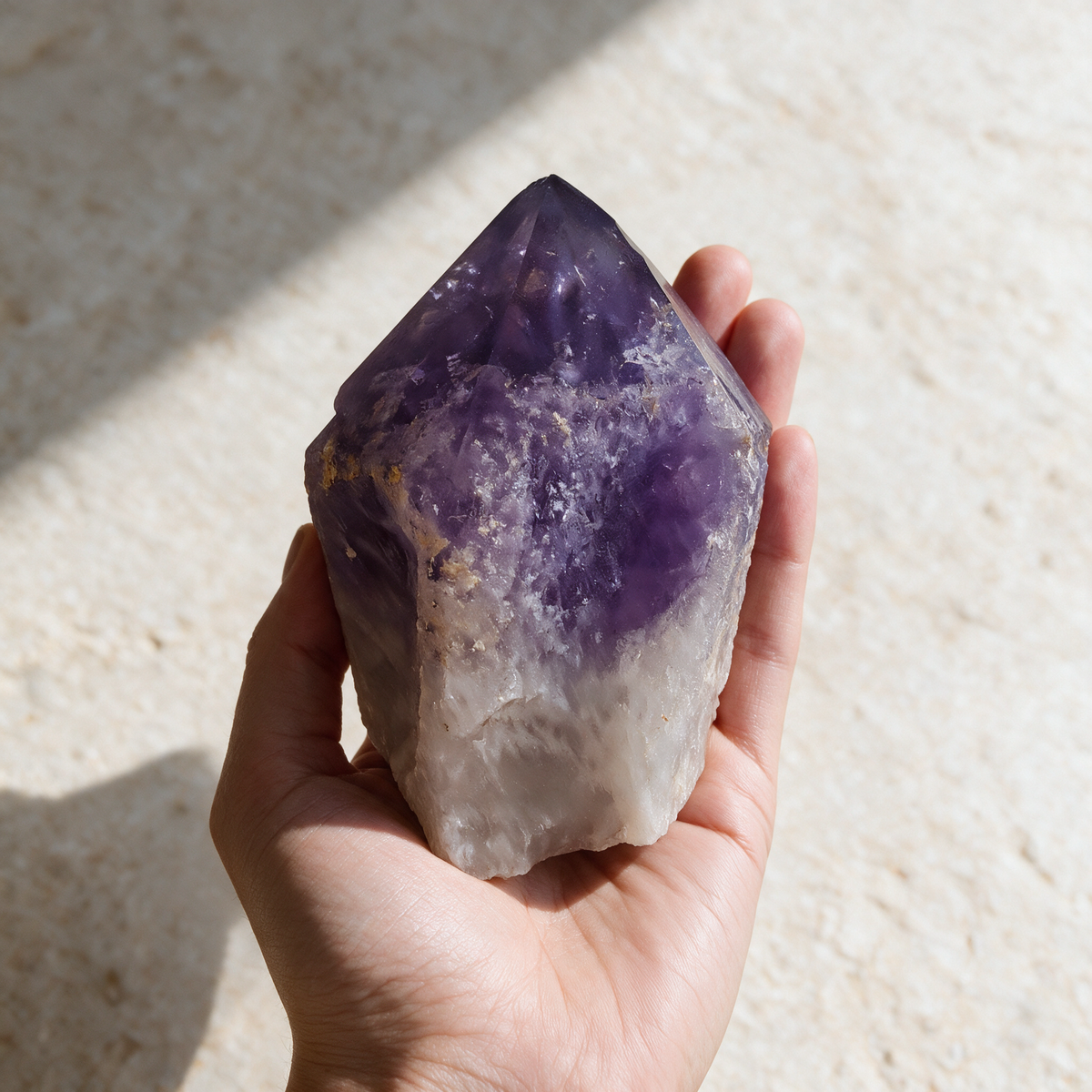Bolivian amethyst point held in one hand in sunlight, showing that it fills the palm