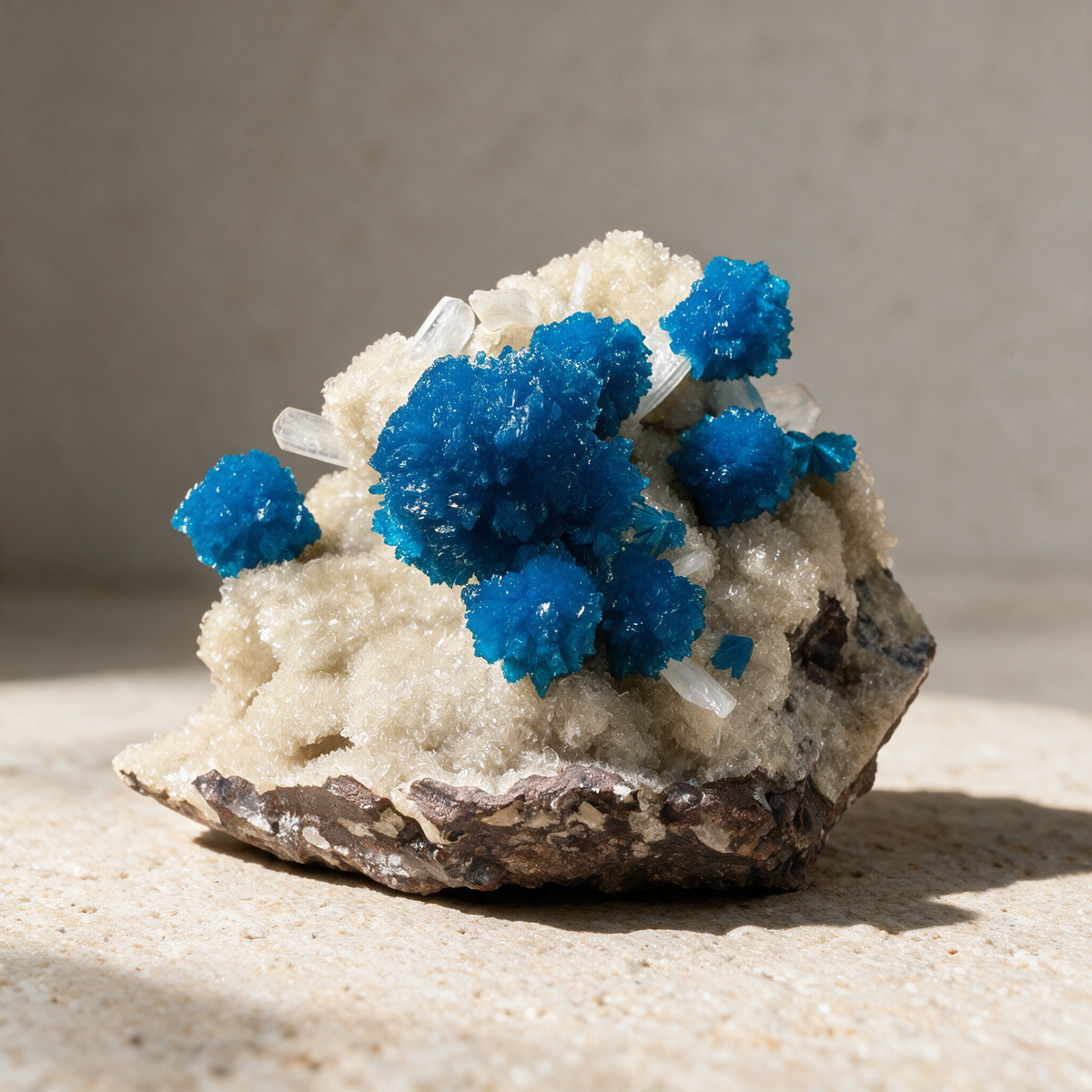 Cavansite specimen side-lit on warm sandstone, the raking light throwing a long shadow and picking out clear bladed stilbite crystals