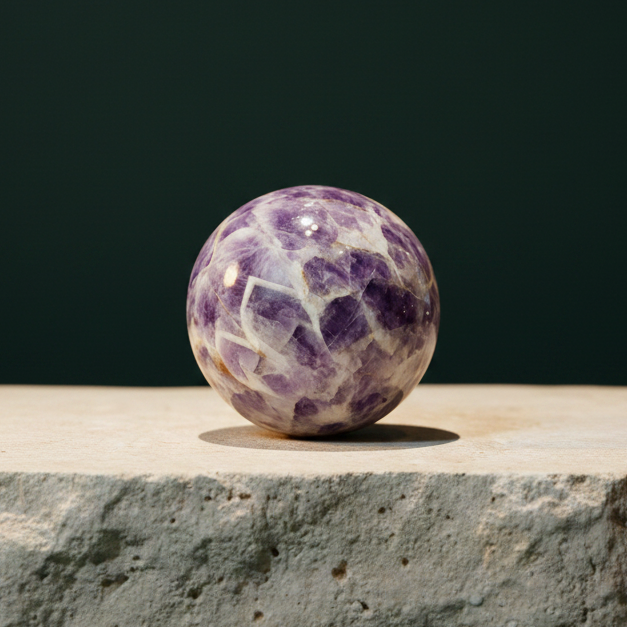 Chevron amethyst sphere resting on a travertine ledge against a dark green backdrop, purple and white banding across the polished surface