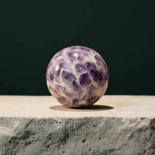 Chevron amethyst sphere resting on a travertine ledge against a dark green backdrop, purple and white banding across the polished surface