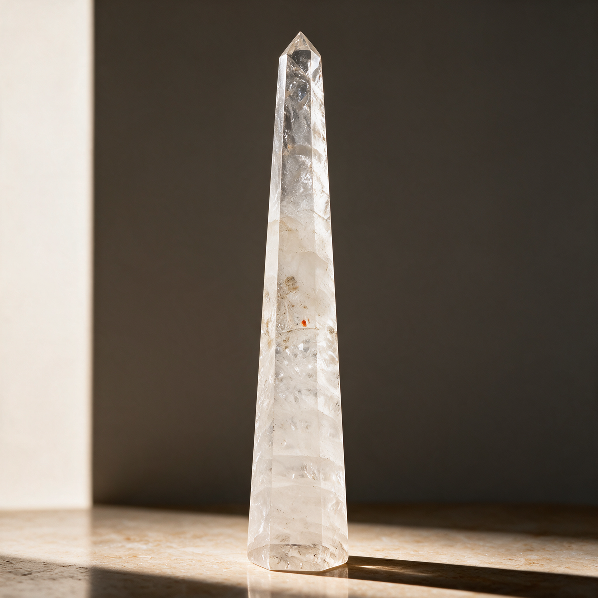 The polished clear quartz obelisk lit from the side against a dark gray wall, standing on a pale stone surface.