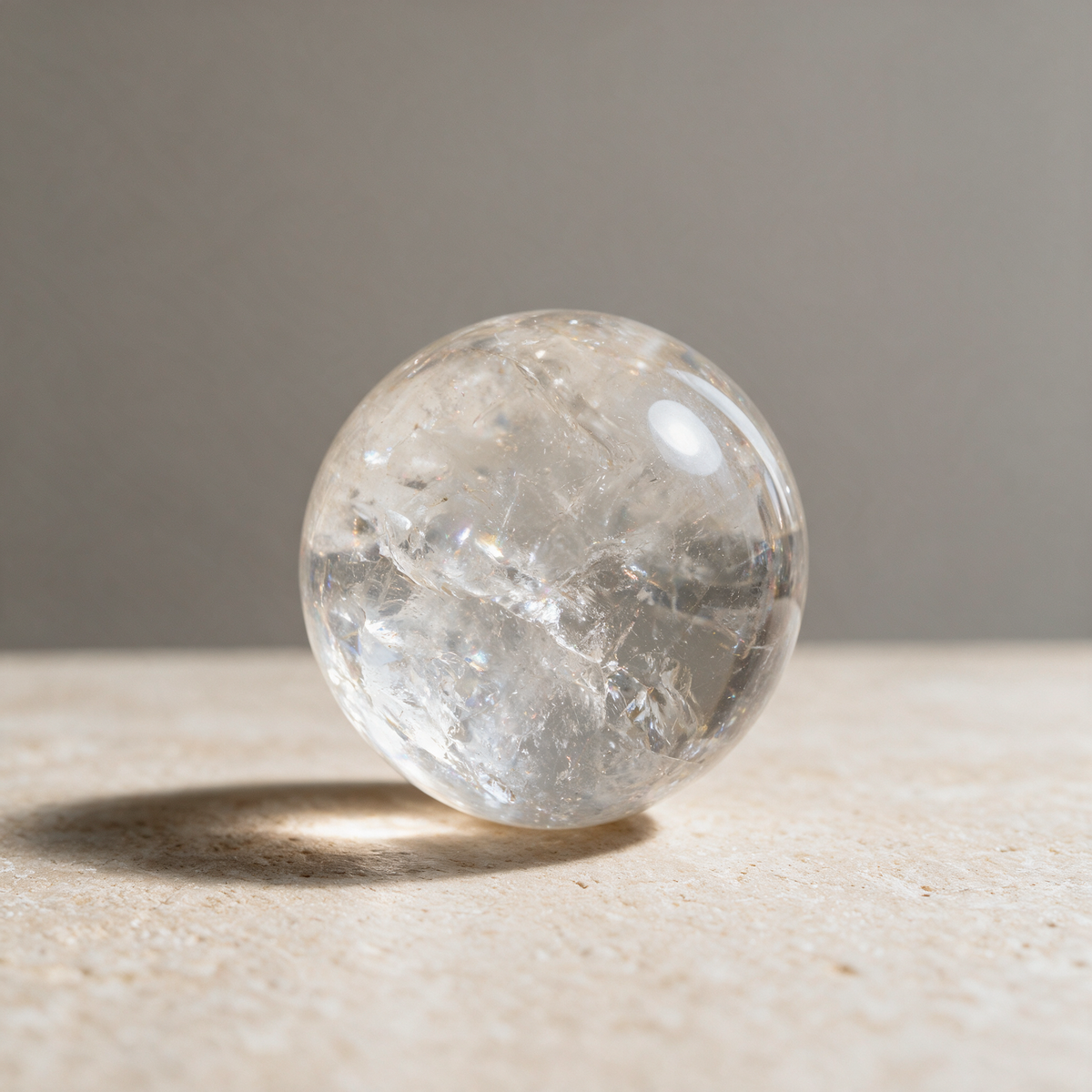 Clear quartz sphere resting on pale travertine against a soft gray backdrop, internal veils visible through the polished surface