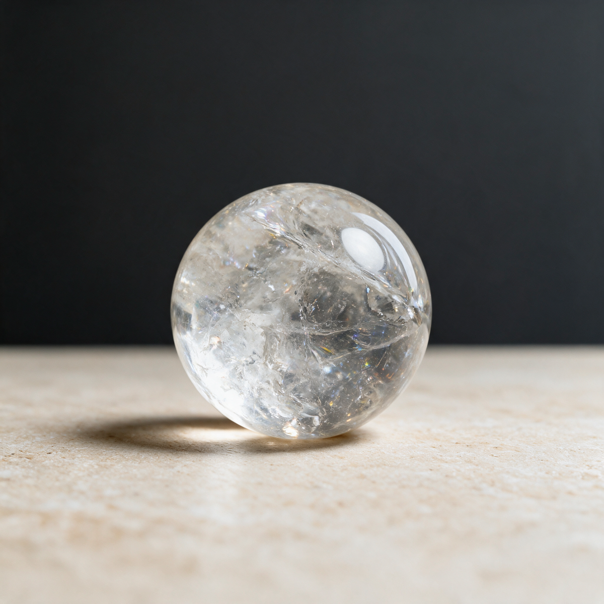 Clear quartz sphere on a travertine ledge against a dark backdrop, wisps and fractures caught inside the polished ball