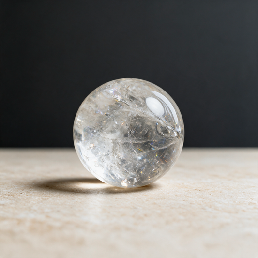 Clear quartz sphere on a travertine ledge against a dark backdrop, wisps and fractures caught inside the polished ball