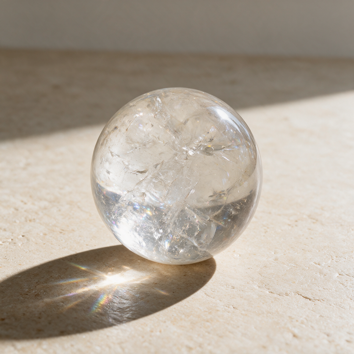 Clear quartz sphere in direct sunlight on travertine, throwing a long shadow with a band of rainbow refraction