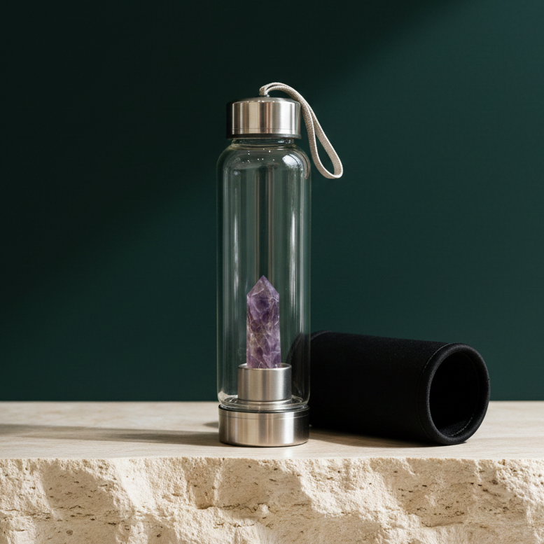 Crystal Infused Water Bottle 16oz — Glass & Steel with Insulation Sleeve – product view