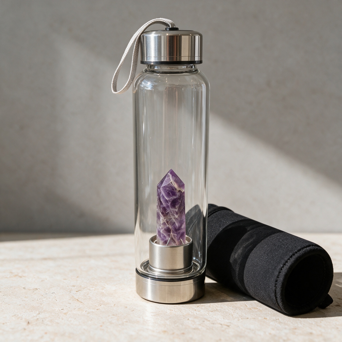 Crystal Infused Water Bottle 16oz — Glass & Steel with Insulation Sleeve – mineral detail