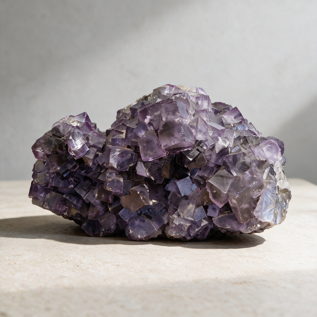 The Elmwood fluorite cluster on pale stone against a light wall, sharp purple cubic crystals stacked across a natural matrix.