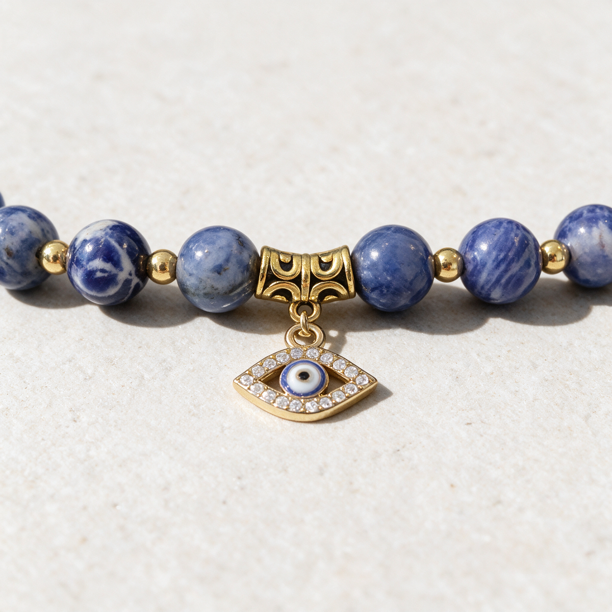 Evil Eye Sodalite Bracelet — Beaded Stone Bracelet for Protection – mineral detail