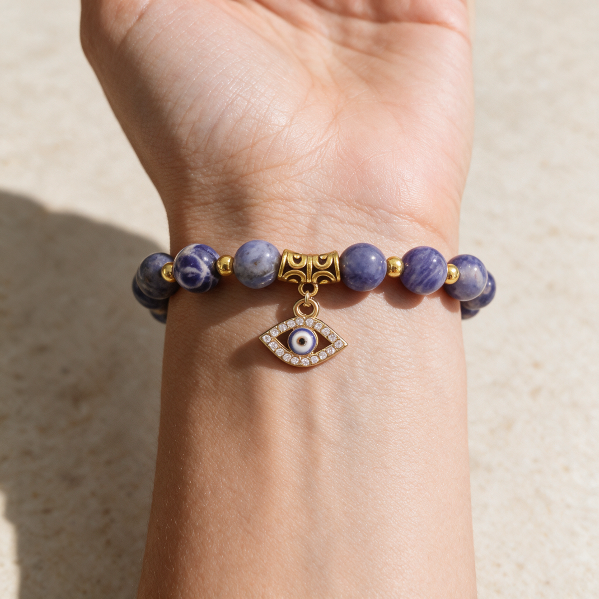 Evil Eye Sodalite Bracelet — Beaded Stone Bracelet for Protection – scale context