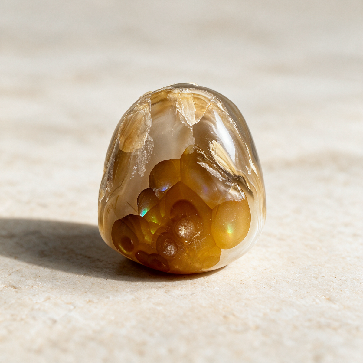 Fire agate specimen on a pale sandstone slab in warm daylight, botryoidal bubbles glowing amber beneath a cream chalcedony cap