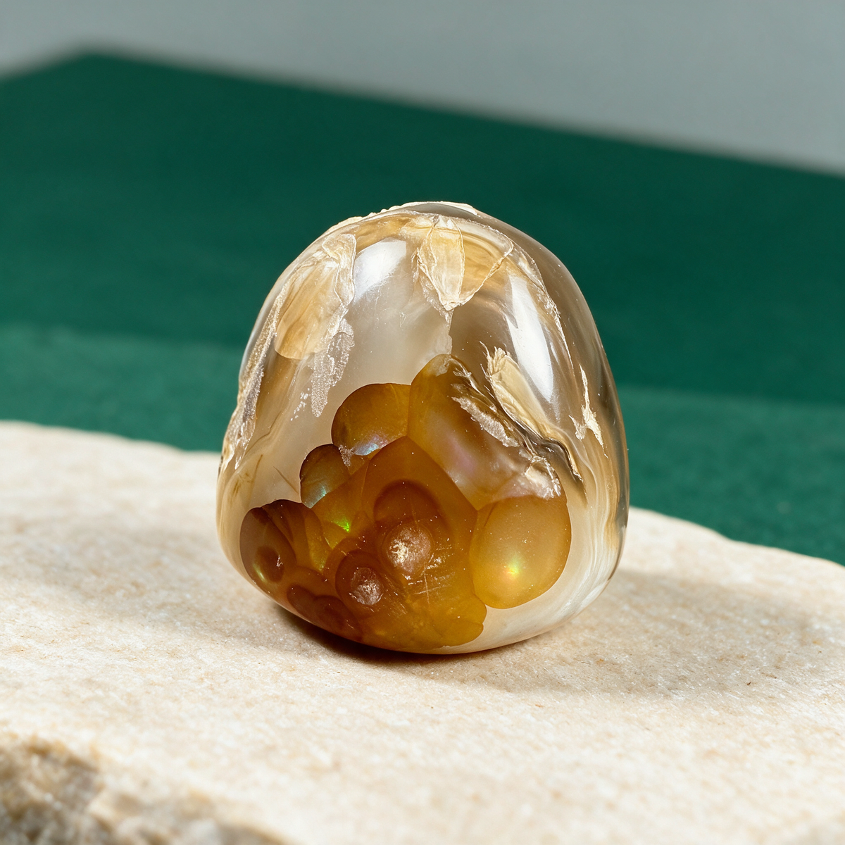 Fire agate specimen on a pale sandstone slab against a dark green backdrop, its botryoidal surface flashing green and gold