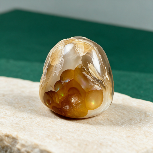 Fire agate specimen on a pale sandstone slab against a dark green backdrop, its botryoidal surface flashing green and gold