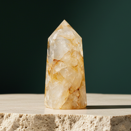 Polished golden healer hematoid quartz obelisk standing on a travertine block against dark green