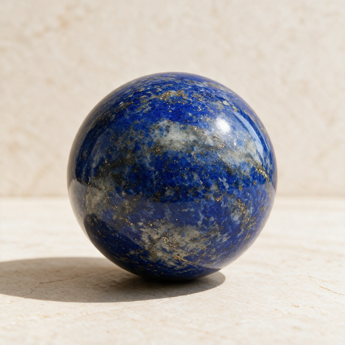 Polished lapis lazuli sphere on warm limestone, deep royal blue with golden pyrite flecks and white calcite veining