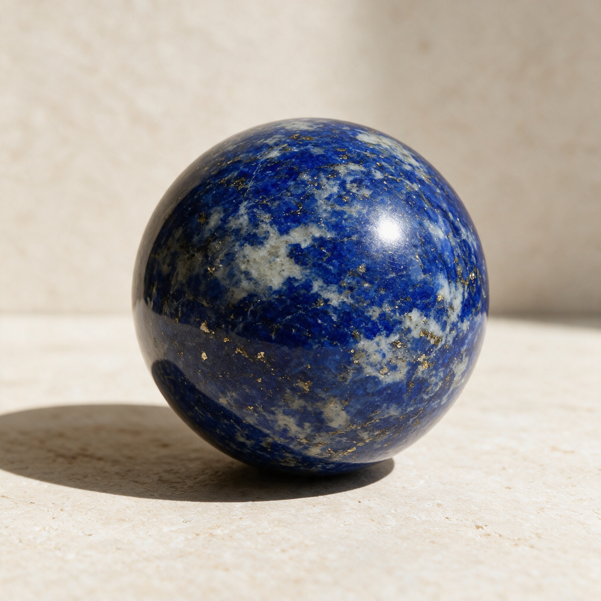 Lapis lazuli sphere lit from the side on limestone, the pyrite catching the light in a scatter of gold across the blue