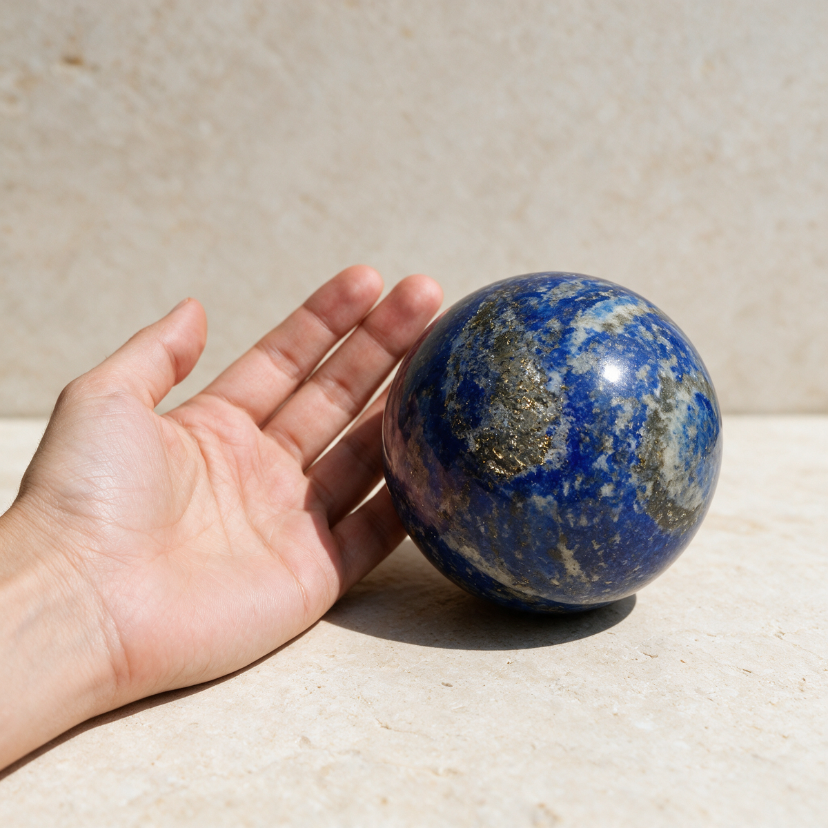 Lapis lazuli sphere beside an open hand on limestone, filling roughly the width of the palm