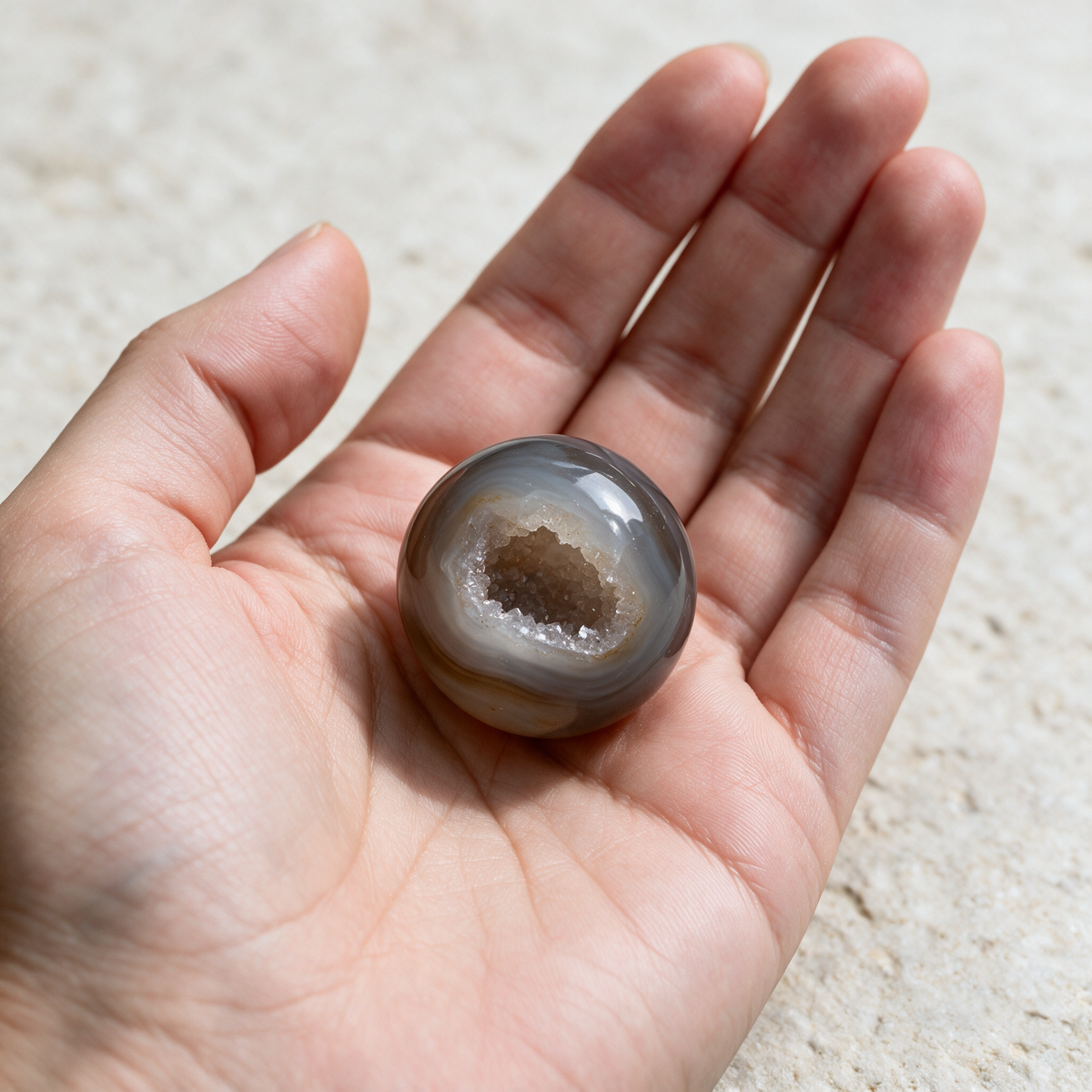 Agate Geode Pocket Sphere — Grounding Balance With a Druzy Heart – scale context