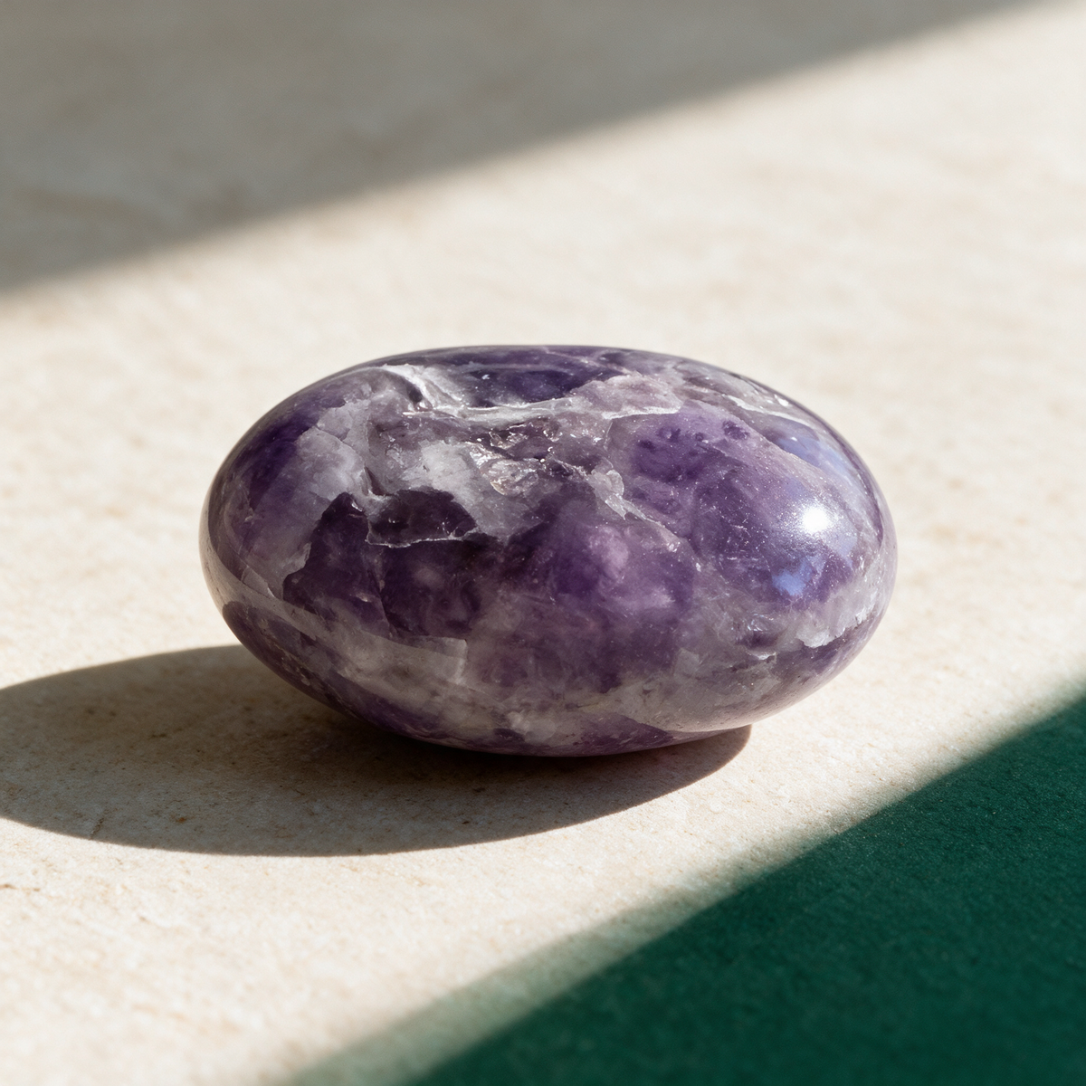 The amethyst palm stone from the opposite side against a dark green backdrop