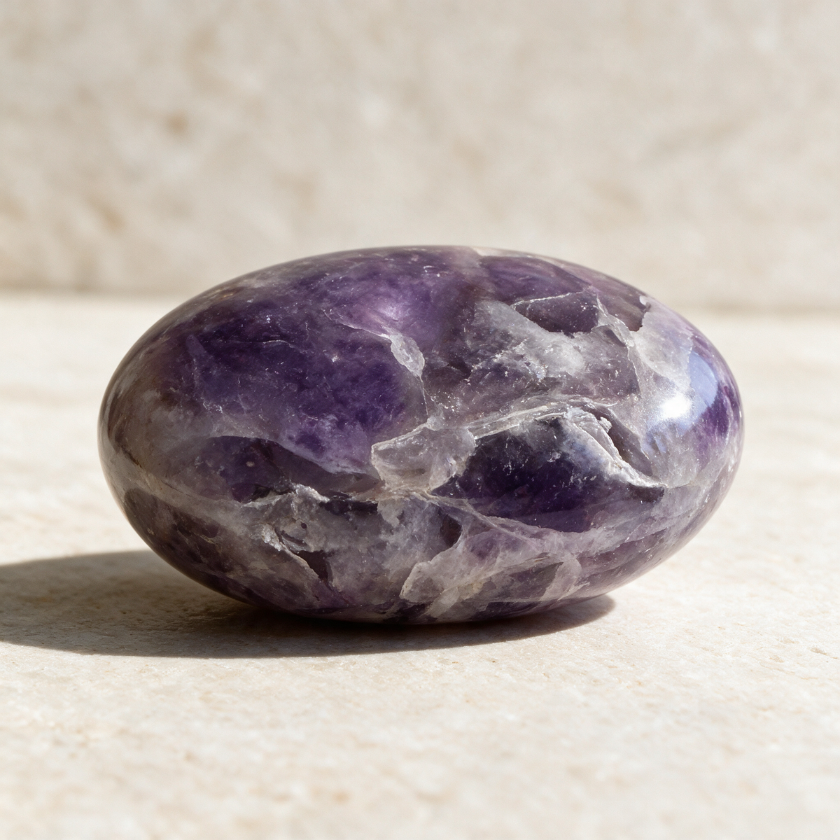 A polished amethyst palm stone on a cream surface, violet zoning and white quartz banding through the body