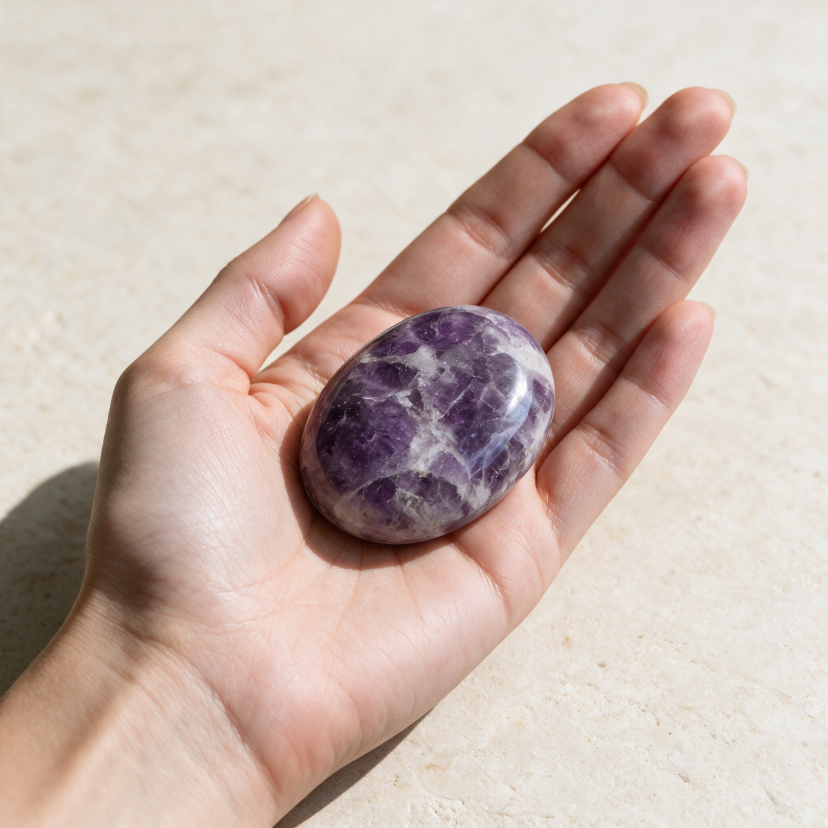 A hand holding the amethyst palm stone, its glassy violet surface catching the light