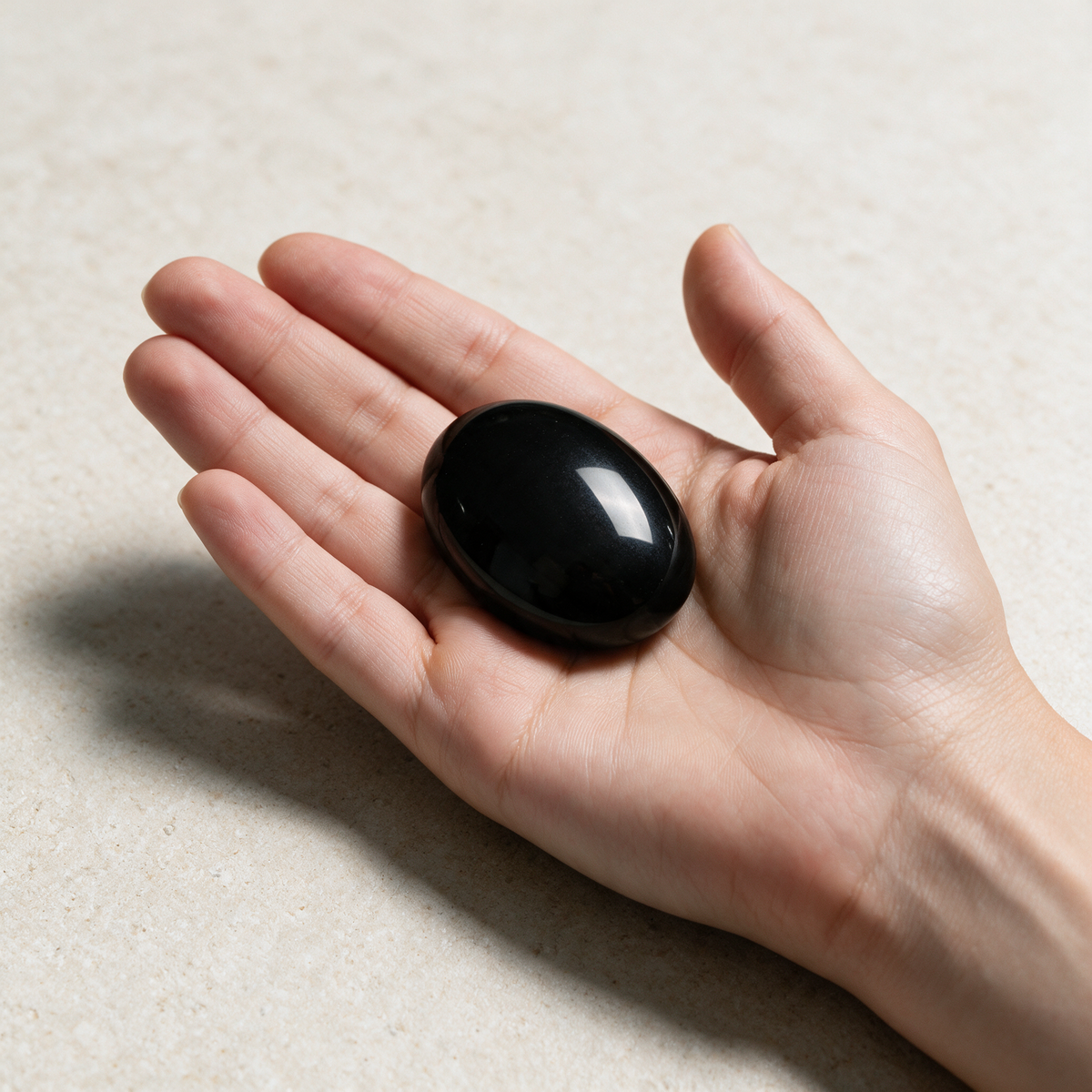 Black Obsidian Comfort Stone — Protection & Shadow Work Talisman – scale context