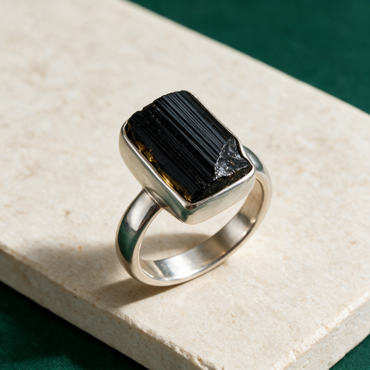 Black Tourmaline Sterling Silver Ring — Grounding Protection Crystal Ring – craft detail