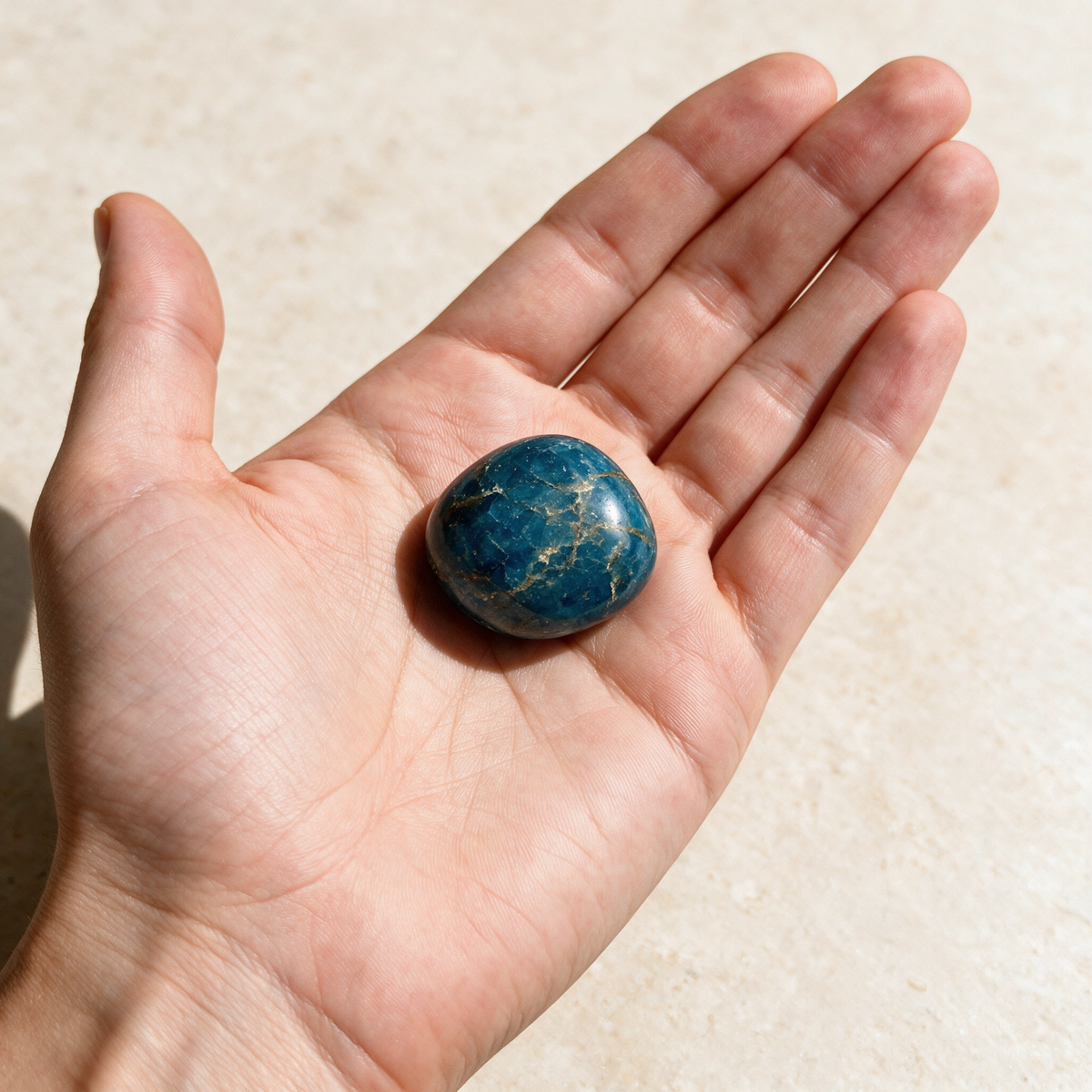 Blue Apatite Tumbled Stone — Clarity & Creative Focus – scale context