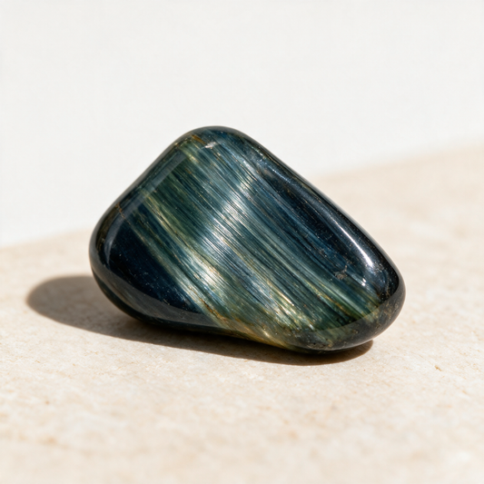 Polished blue tiger eye pocket stone side-lit on pale limestone, chatoyant bands running diagonally in teal blue and golden olive
