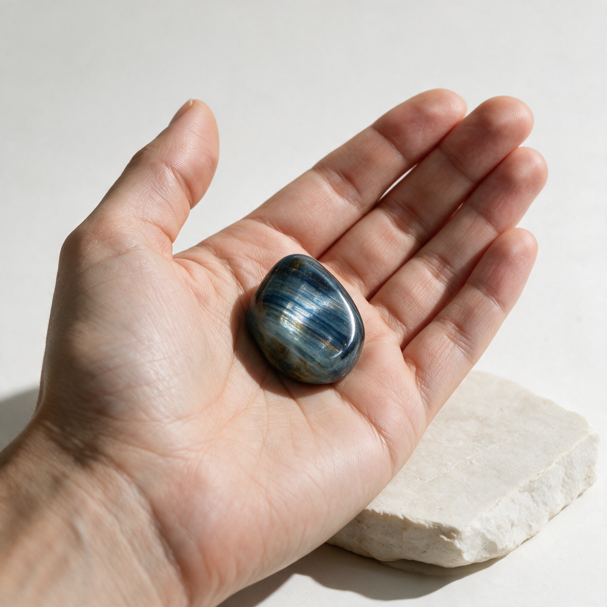 Blue tiger eye pocket stone resting in an open palm, covering roughly the width of two fingers