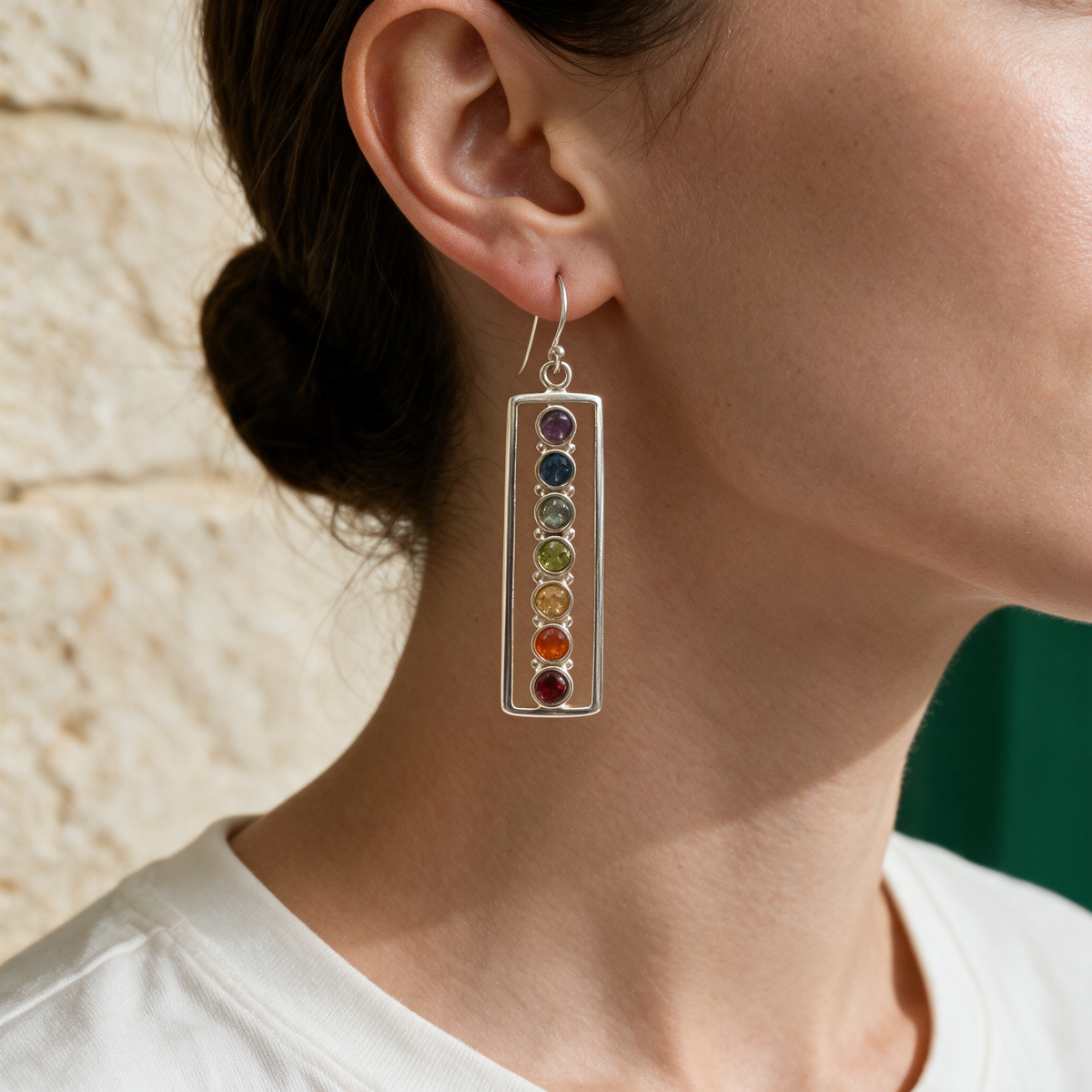 Chakra Bar Dangle Earrings — Seven-Stone Sterling Silver Chakra Jewelry – worn scale
