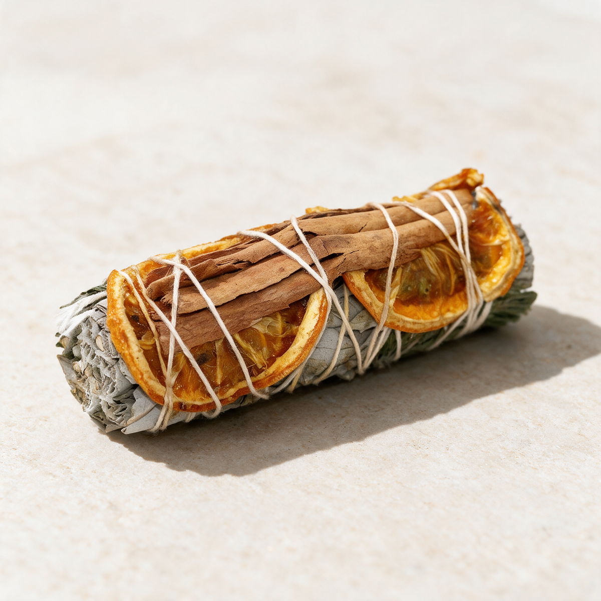 Cinnamon, Orange & White Sage Smudge Stick — Abundance Cleansing Bundle (4 in.) – botanical detail