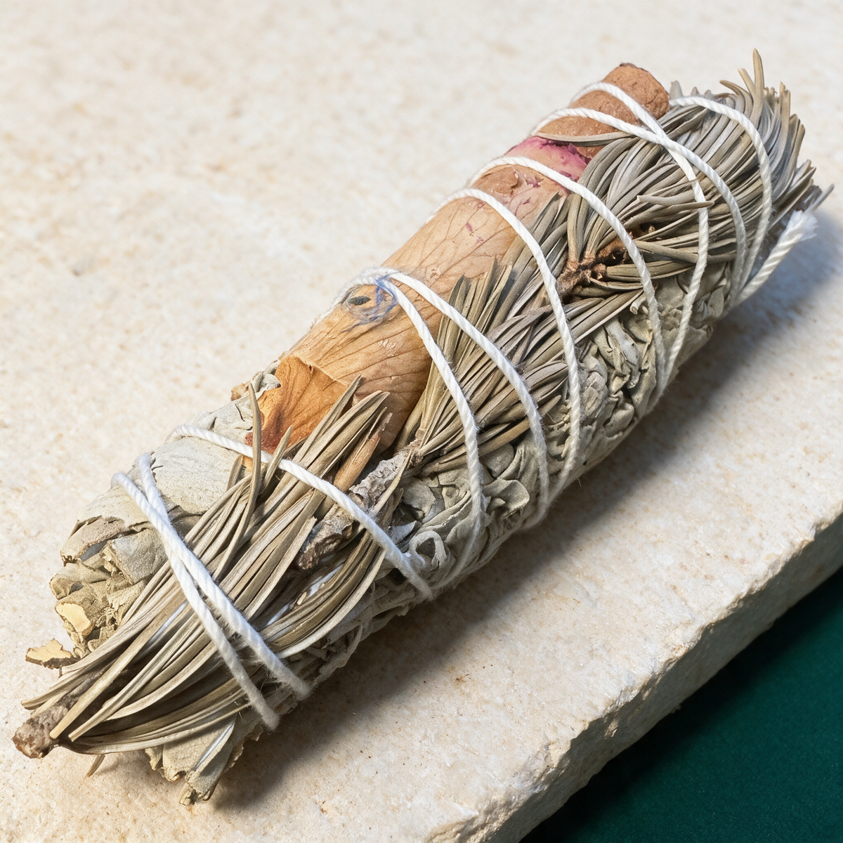 Cinnamon, Pine & Rose Petal White Sage Smudge Stick — Space-Clearing Bundle (4 in.) – botanical detail