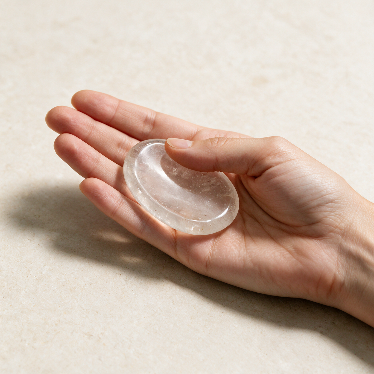 Clear Quartz Comfort Stone — Master Crystal Clarity in Your Palm – scale context