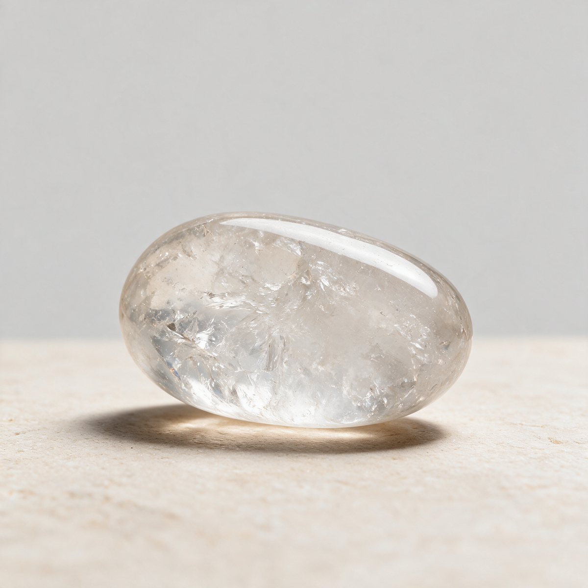 The same clear quartz tumbled stone lying flat, showing its smooth rounded profile and internal fractures