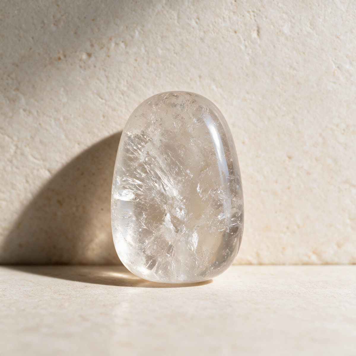 Large polished clear quartz tumbled stone standing on a cream stone surface, internal veils lit from the side