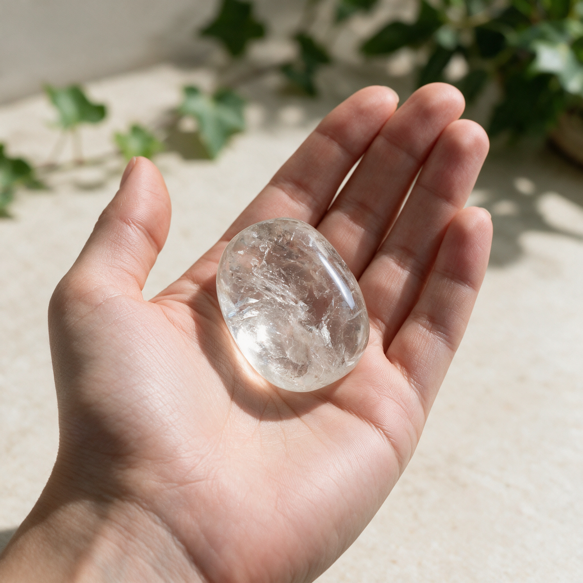 A hand holding a single large clear quartz tumbled stone to show its palm-filling size