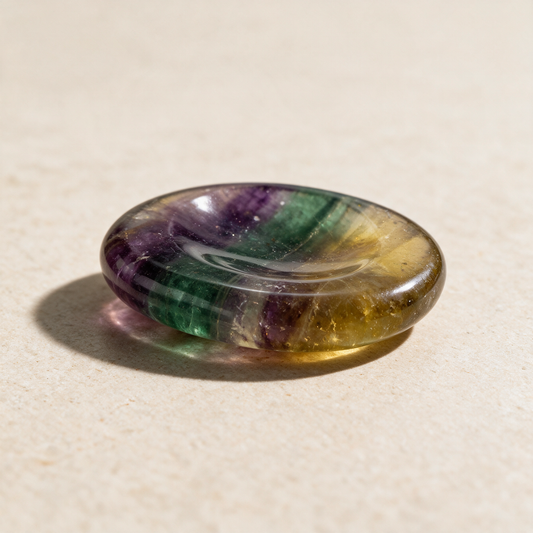 A fluorite comfort stone on a cream surface, banded green, purple and gold with a shallow thumb hollow